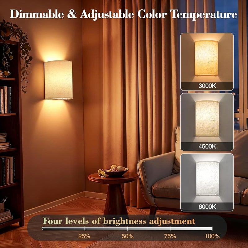 Yunaking Battery Operated Wall Sconce Set of Two: 10000mAh Wireless Wall Light with Rechargeable Magnetic Bulb - Dimmable Wall Lamp with 7 RGB Colors - Linen Shade Sconces with Remote for Bedroom Living Room - Image 3